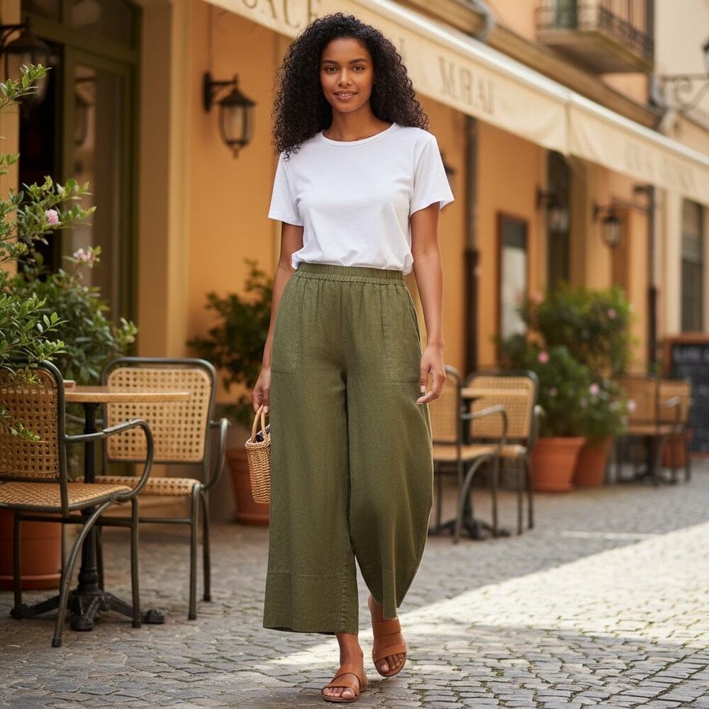 Banana Republic Olive Green Linen Size Large Boho Wide Leg Pants Cottagecore